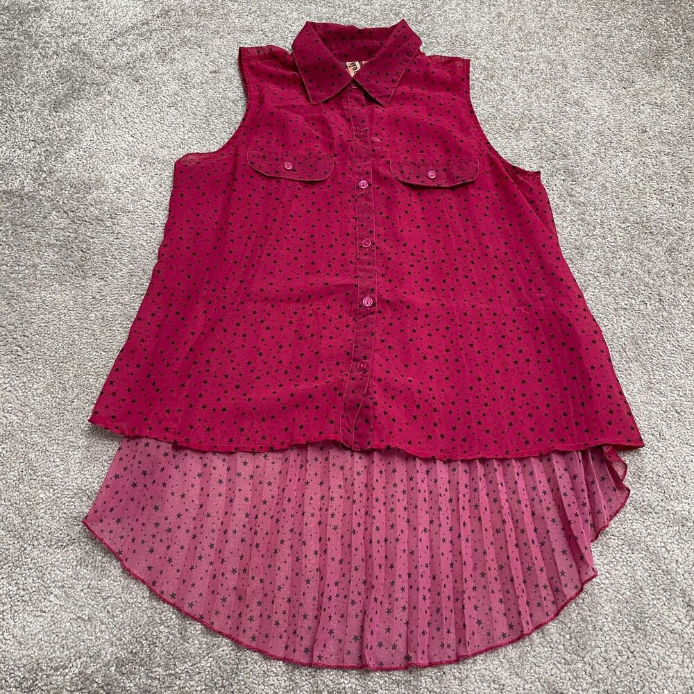 Eyeshadow Sheer Hi-Lo Pleated Shirt Womens Large Pink Stars Button Down Casual